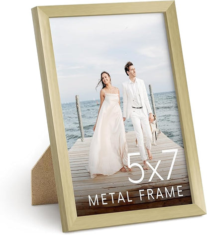 HAUS AND HUES 5x7 Gold Picture Frame - Modern Aluminum Wall Art Display - Lightweight 5x7 Frame for Photos, Prints, Posters - Tabletop or Wall Mount