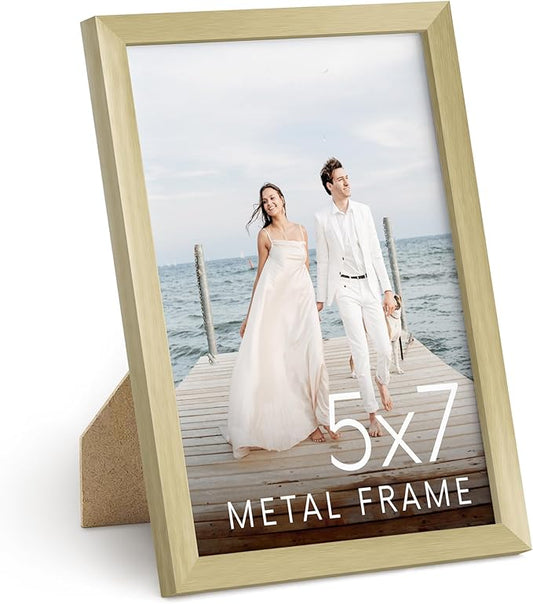 HAUS AND HUES 5x7 Gold Picture Frame - Modern Aluminum Wall Art Display - Lightweight 5x7 Frame for Photos, Prints, Posters - Tabletop or Wall Mount