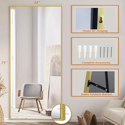 Full Length Mirror, 71"x32" Large Floor Mirror Free Standing, Gold Full Body Mirror for Bedroom Living Room Gym, Shatterproof Tempered Glass