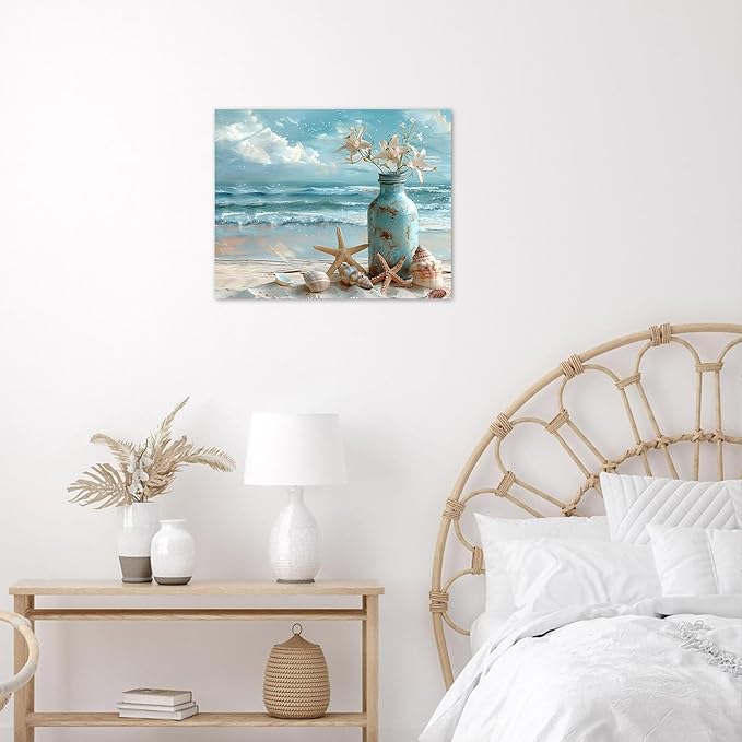 LB Beach Coastal Wall Art Starfish with White Flower in Vintage Vase on Teal Beach Wall Art Beach Scene Canvas Wall Decor for Living Room Bedroom Bathroom Office Framed Ready to Hang 16L x 20W