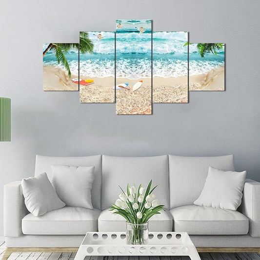 Surfing Seascape Landscape Paintings Canvas Wall Art for Living Room Bedroom Home Decor Waves Beach Picture Modern 5 Piece Framed Stretched Gallery Wrap Giclee Prints and Posters (60''W x 32''H)