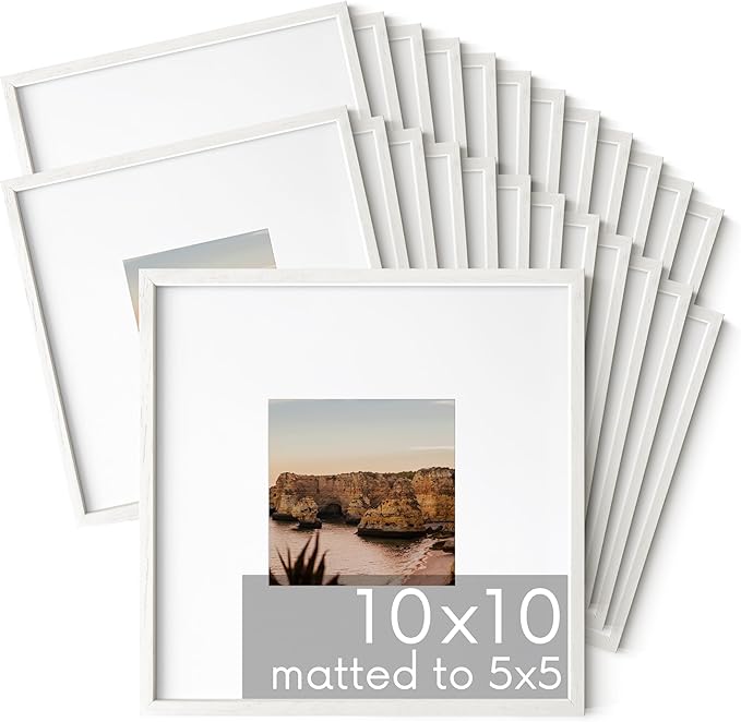 HAUS AND HUES White Oak Wood 10x10 Picture Frames - Set of 25, Square Frames with Mat, White Frames for Gallery Wall Displays (10x10 in, White, Set of 25)