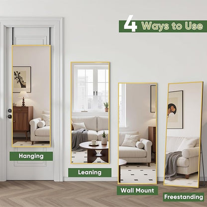 Suidia Full Length Mirror Over the Door&Wall Mounted, 48"x14" Door Mirror with Aluminum Alloy Frame, HD Shatterproof, No-Drill, Hanging Mirrors for Bedroom, Bathroom, Dorm, Closet, Rect, Gold