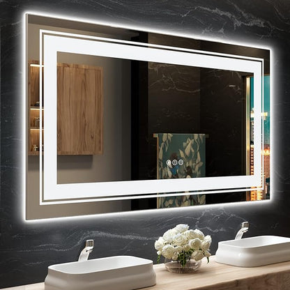 Snowdool LED Bathroom Mirror, 55"x30" with Front and Backlit, Anti-Fog, Large Bathroom Vanity Mirror for Wall, Memory Function, Stepless Dimmable, Tempered Glass (Horizontal/Vertical)