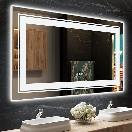 Snowdool LED Bathroom Mirror, 55"x30" with Front and Backlit, Anti-Fog, Large Bathroom Vanity Mirror for Wall, Memory Function, Stepless Dimmable, Tempered Glass (Horizontal/Vertical)