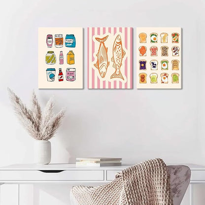 Cute Funny Kitchen Wall Art Set of 3, Fashion Breakfast Food Avocado Toast Canvas Prints Poster, Vintage Simple Sardines Watercolor Picture for Dining Room Kids Room Wall Decor 12x16 Inch Framed