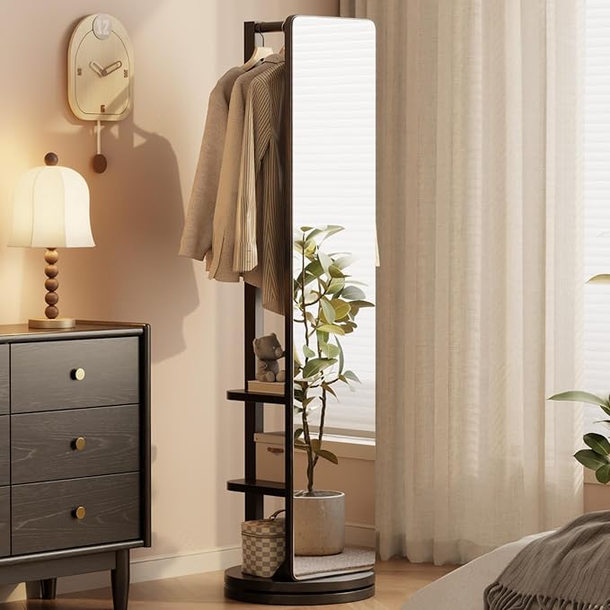 WoodsWhisper Full Length Mirror Coat Rack Solid Wood Floor Mirror 66"x12" Full Length Mirror with Stand Long Mirrors for Bedroom,Living Room (Black, 66" Lx12 W)