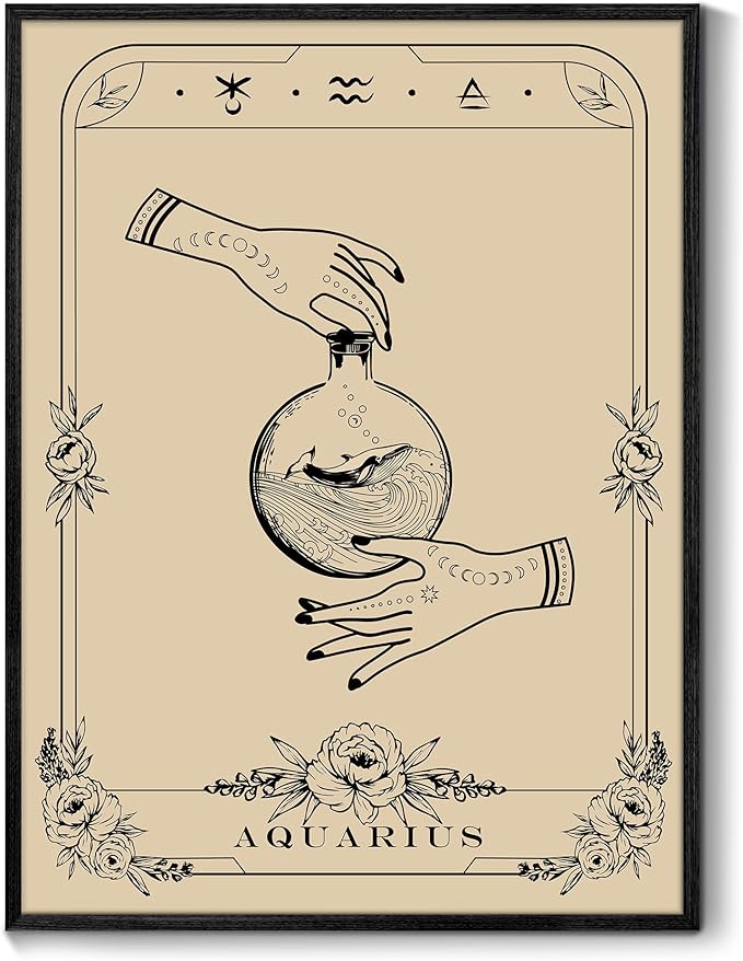SERIMINO Witchy Framed Wall Art, Aquarius Tarot Canvas Prints Paintings, Horoscope Dark Academia Home Decor Aesthetic, 16x24inch Gothic Wall Decor for Room