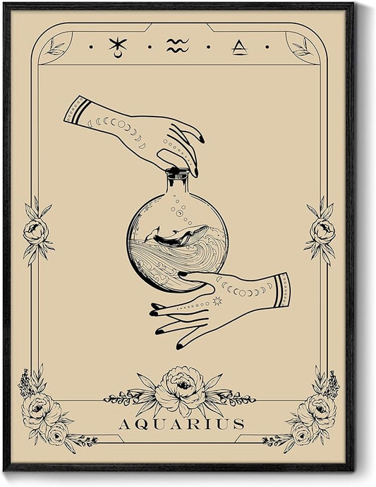 SERIMINO Witchy Framed Wall Art, Aquarius Tarot Canvas Prints Paintings, Horoscope Dark Academia Home Decor Aesthetic, 12X16inch Gothic Wall Decor for Room