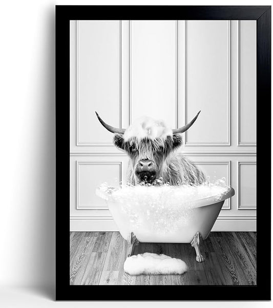 calmart Highland Cow Pictures Wall Decor - Funny Black and White Decor Wall Art, Canvas Wall Art Home Decor for Bedroom Framed Ready to Hang