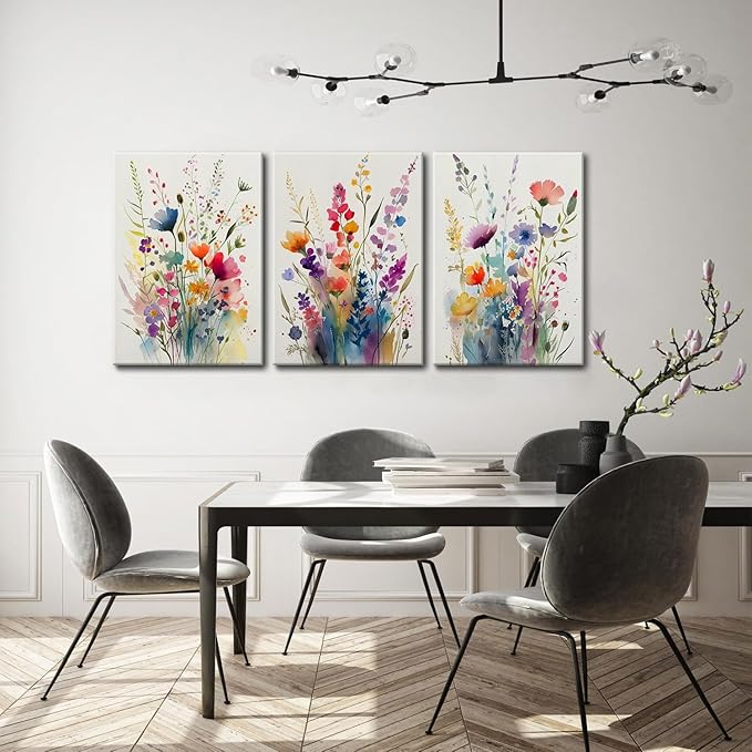 KISSFOX 3 Piece Canvas Wall Art Wildflowers Wall Decor Floral Pictures Botanical Paintings Colorful Prints Watercolor Artwork For Bedroom Bathroom Living Room