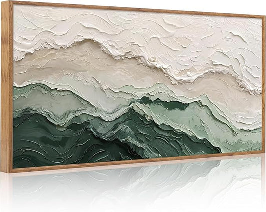 Aurlan Abstract Green Beige Gray Pastel Framed Wall Art(40"x20"), 3D Textured Modern Neutral landscape Canvas Artwork, Large Minimalist Watercolor Ocean Waves Painting Decor for Home Office Living Room Bedroom