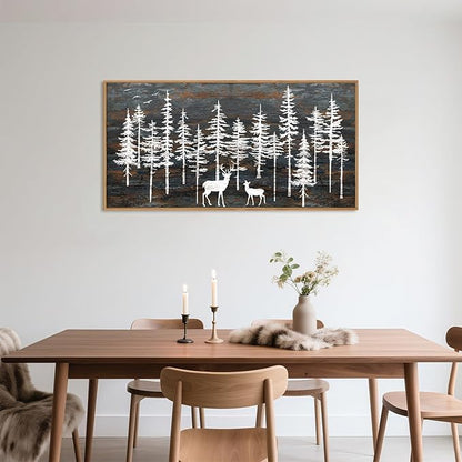 Modern White Forest Framed Canvas Wall Art Set, Minimalist Woodland Art Painting, Retro Tree Landscape Wall Decor, Wildland Deer Artwork for Living Room, Dining Room, Office-20 x40
