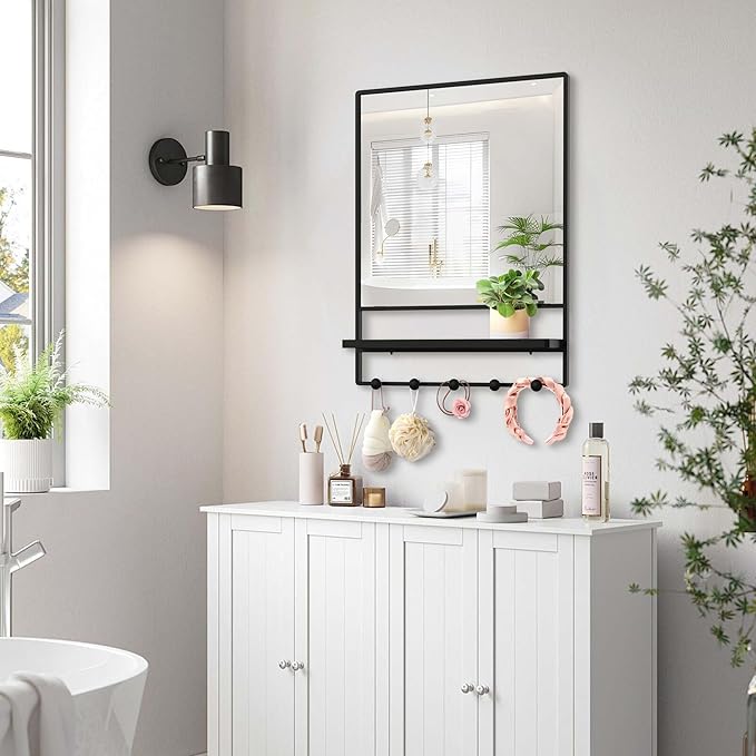 Wall Mirror with Shelf and Hooks,Vanity Mirror with Hooks, 21 X 28 inch Metal Framed Bathroom Mirror with Shelf for Bathroom, Entryway, Bedroom, Living Room (Black, 21" x 28")