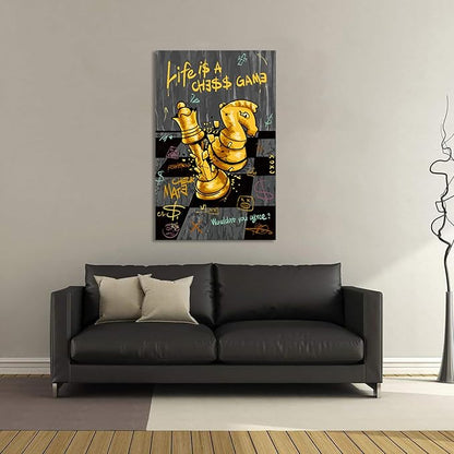 Inspirational Quotes Wall Art - Chess Pictures Wall Decor Motivational Canvas Print LIFE IS A CHESS GAME Positive Poster Modern Office Canvas Painting Black Gold Artwork Framed for Home, 28" x 44"