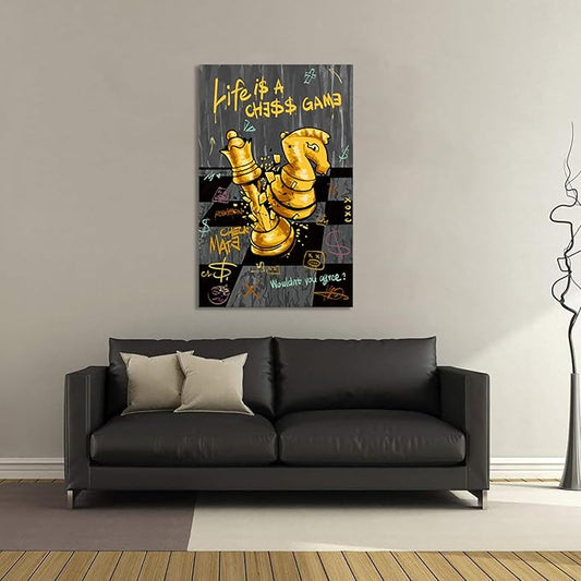 Inspirational Quotes Wall Art - Chess Pictures Wall Decor Motivational Canvas Print LIFE IS A CHESS GAME Positive Poster Modern Office Canvas Painting Black Gold Artwork Framed for Home, 28" x 44"