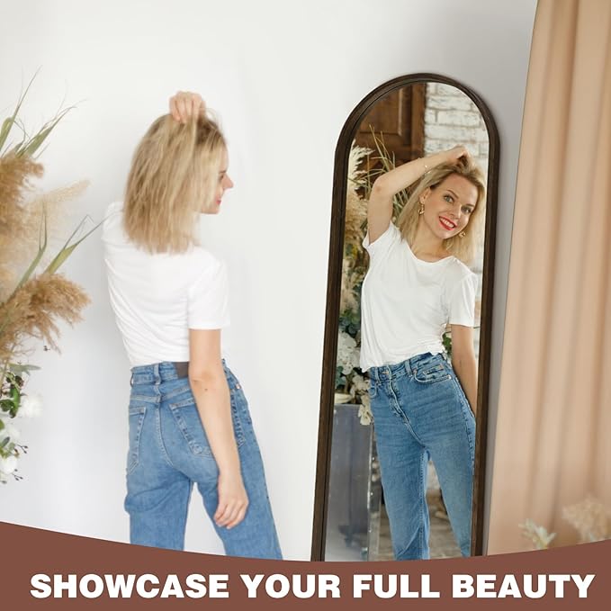 Niccy 66"×21" Wood Frame Arched Full Length Mirror, Free Standing & Wall-Mounted Mirrors, Large Body Hanging Mirror for Living Room, Explosion-Proof Decorative Vanity Mirrors for Bedroom, Black Walnut