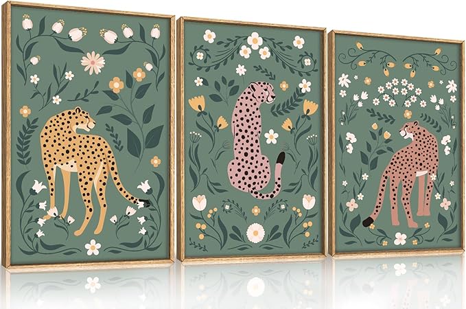 KAIRNE Sage Green Cheetah Framed Canvas Wall Art Set,Boho Leopard Floral Wall Decor,Abstract Animal Wildflower Art Prints,Modern Botanical Artwork for Living Room,Bedroom,Farmhouse,Office-24 x36 x3