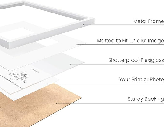 HAUS AND HUES 20x20 White Aluminum Frame Set of 4 - Matted to 16x16, Hanging Hardware, Shatterproof Plexiglass (20x20 in, White)