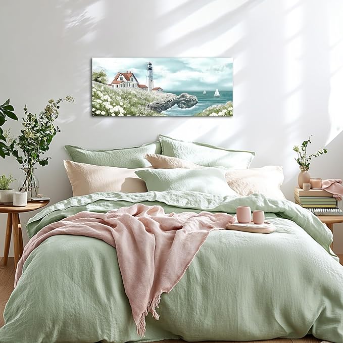 Conipit Coastal Lighthouse Canvas Wall Art Seascape with Sailboats Pictures Portland Lighthouse Painting Ocean Scene Home Decor 20''x48''