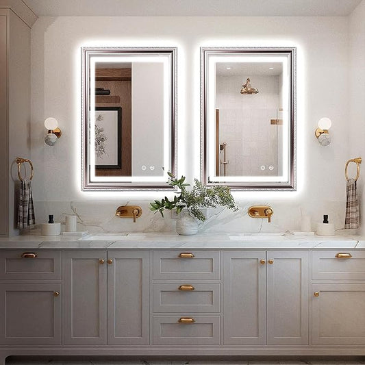 ROLOVE 23x35 Inch Bathroom Mirror with Lights, Brushed Rose Gold Frame, Anti-Fog LED Vanity Mirror for Wall, Plug-in/Hardwired, Dimmable, Tempered Glass,Wall Mirrors Decorative (Champagne Pink Hue)