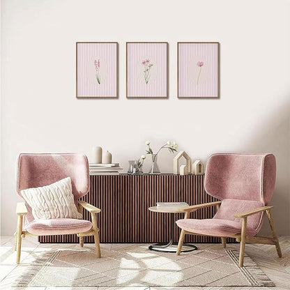 KISSFOX 3 Piece Framed Wall Art Wildflowers Wall Decor Botanical Canvas Art Floral Pictures Stripe Paintings Pink Prints Boho Artwork for Bedroom Living Room