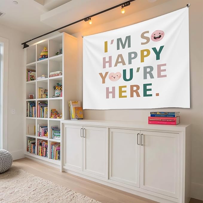 Soft Flannel Wall Tapestry – I'M So Happy You're Here,Inspirational Welcome Tapestry Wall Hanging Decor for Living Room Bedroom,Birthday Party Wall Art Decoration, 59x51 inch(Colorful-I am so happy)
