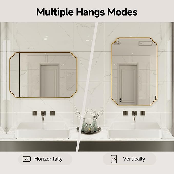 Gold Wall Mirror 32"x24", Scalloped Edge Vanity Mirror - Hangs Vertically/Horizontally Decorative Bathroom Mirror for Vanity, Bedroom & Entryway, Aesthetic Bathroom Decor