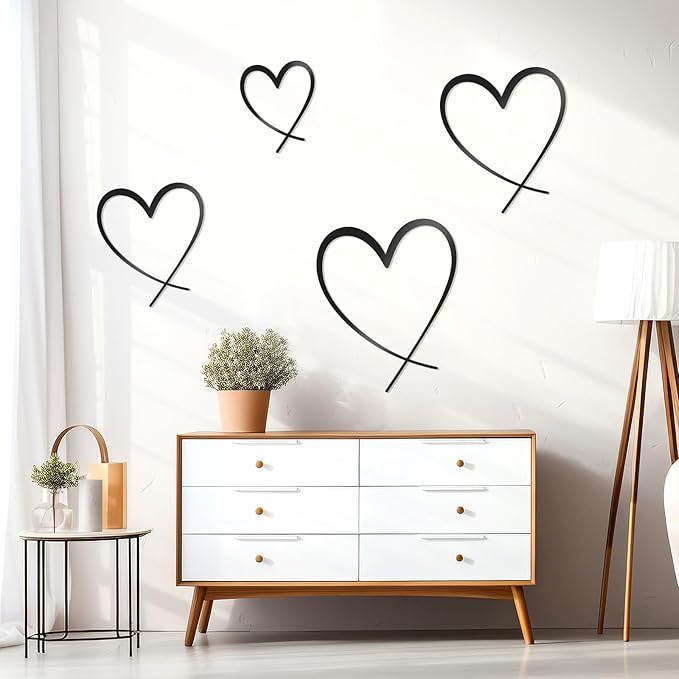 KOYILTD 4 Pcs Metal Heart Wall Art for Bedroom Modern Love Heart Wall Decor Metal Wall Decoration above Bed for Living Room Bathroom Office Wedding (Black, Classic)