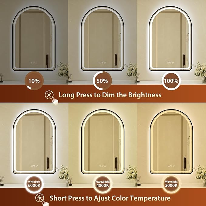 22x32 Inch Arched Black Framed LED Bathroom Mirror with Lights, Built-in Bluetooth Speaker,Tempered Glass,Dimmable Lighted Bathroom Vanity Mirror with 3 Colors, Backlit + Frontlit, Memory, Anti-Fog