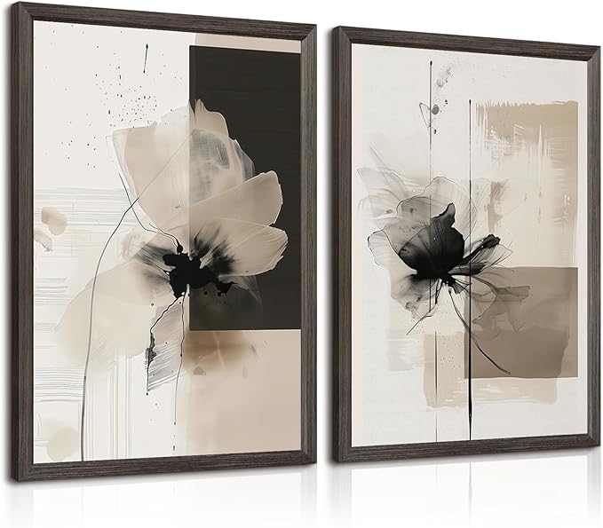 Tocliky Modern Abstract Floral Wall Art Minimalist Neutral Canvas Painting Decor Beige Cream And Black Wall Art Contemporary Flower Picture Prints for Living Room Bedroom 24x36 Inch Framed Set of 2