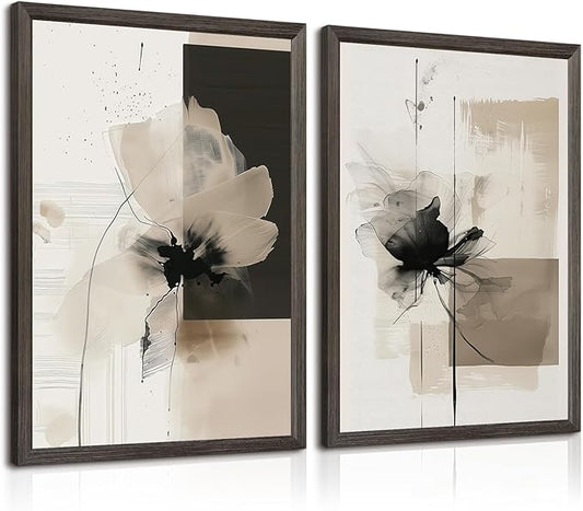Tocliky Modern Abstract Floral Wall Art Minimalist Neutral Canvas Painting Decor Beige Cream And Black Wall Art Contemporary Flower Picture Prints for Living Room Bedroom 24x36 Inch Framed Set of 2