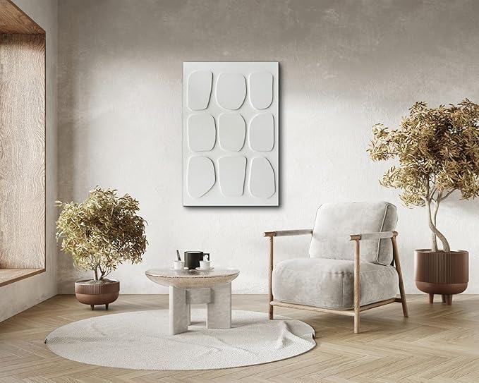 Creespi Hand Painted 3D Textured White Wall Art 24x36 inches,Modern Abstract Minimalist Art Canvas Painting for Home Wall Decor
