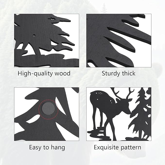 OYEFLY 5 Pieces Deer Bear Pine Tree Wall Decor,Rustic Wood Art Wall Decor (Black)