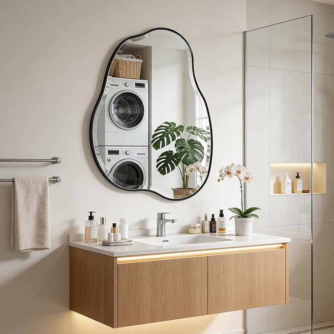 POZINO Irregular Beveled Mirror, 36"x24" Cloud Shaped Bathroom Mirrors with Metal Frame, Asymmetrical Wall Mirror for Vanity Living Room Bedroom Hallway Entryway, Horizontal or Vertical Hanging