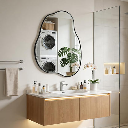 POZINO Irregular Beveled Mirror, 36"x24" Cloud Shaped Bathroom Mirrors with Metal Frame, Asymmetrical Wall Mirror for Vanity Living Room Bedroom Hallway Entryway, Horizontal or Vertical Hanging
