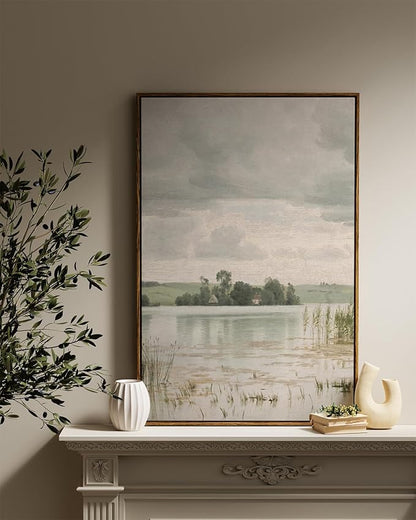 InSimSea Framed Canvas Prints Art Vintage Decor, Countryside Lakeside Landscape Paintings, Large Prints, Retro Hanging Wall Decorations for Bathroom Bedroom Living Room, 24"x36"