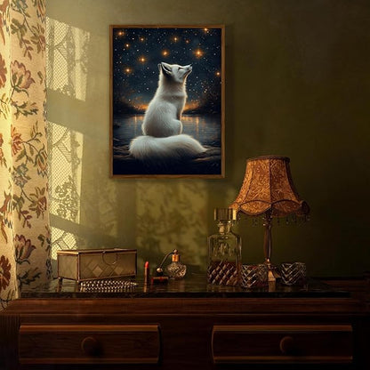 Djmwtb Framed Fox Wall Art Wildlife Animal White Fox Paintings Wall Decor Starry Night Sky Canvas Art Prints Whimsical Nature Aesthetic Pictures Artork for Living Room Bedroom 16x24in