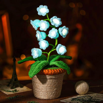 Lily of The Valley Lamp, Blue Crochet Artificial Flowers with Night Lights, Cordless Table Lamp -Birthday Gifts for Women,Cozy Home Decor Mothers Day Gifts
