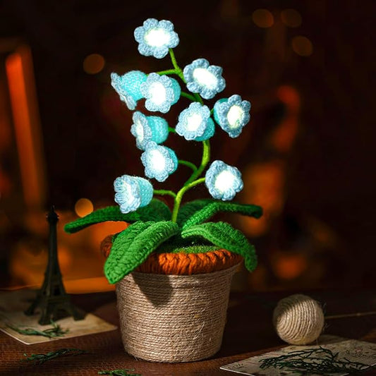 Lily of The Valley Lamp, Blue Crochet Artificial Flowers with Night Lights, Cordless Table Lamp -Birthday Gifts for Women,Cozy Home Decor Mothers Day Gifts