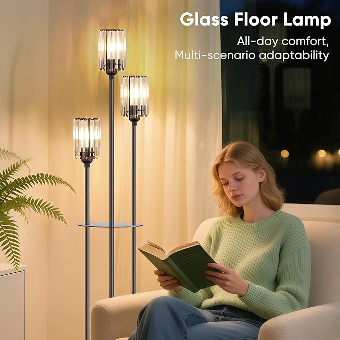 Crystal Floor Lamp for Living Room with Shelves, Industrial Modern Standing Black Lamp with Table for Bedroom, Glass Vintage Unique Tall 3-Lights Fancy Lamp with ON/Off Foot Switch