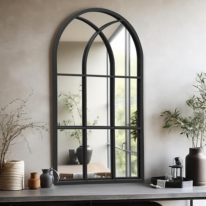 Dewfig Arched Window Wall Mirror, 42"x24", Decorative Mirror, Vanity Mirrors for Bathroom, Bedroom, Entryway, Living Room, Window Pane or Farmhouse Mirrors for Wall Decor, Metal Frame, Black