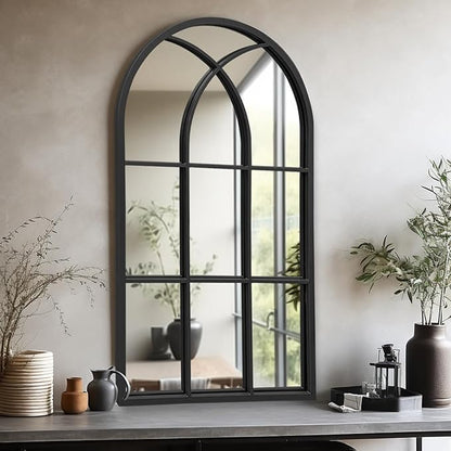 Dewfig Arched Window Wall Mirror, 42"x24", Decorative Mirror, Vanity Mirrors for Bathroom, Bedroom, Entryway, Living Room, Window Pane or Farmhouse Mirrors for Wall Decor, Metal Frame, Black