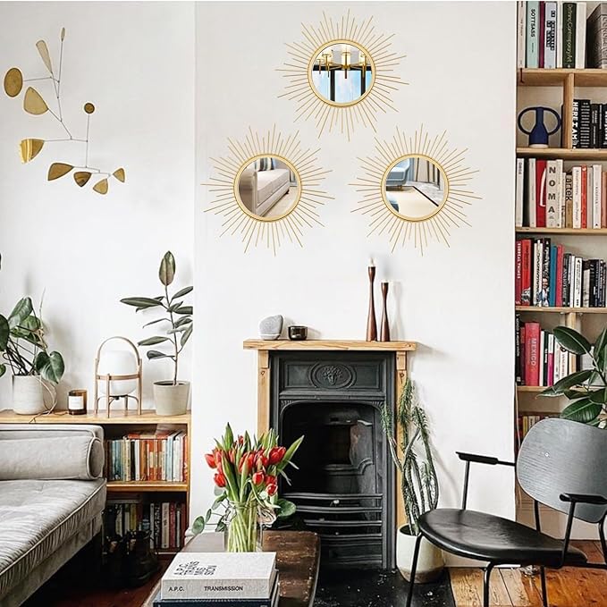 3 Set Sunburst Mirrors for Wall Decor Living Room Bedroom Bathroom Dining Room Metal Boho Sunburst Wall Mirror Set Gold Metal Vintage Circle Art Pack - Gold 15.7 in