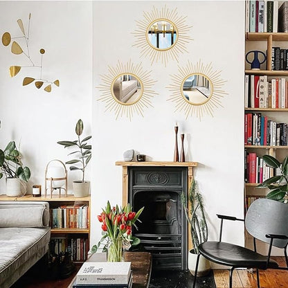 3 Set Sunburst Mirrors for Wall Decor Living Room Bedroom Bathroom Dining Room Metal Boho Sunburst Wall Mirror Set Gold Metal Vintage Circle Art Pack - Gold 15.7 in