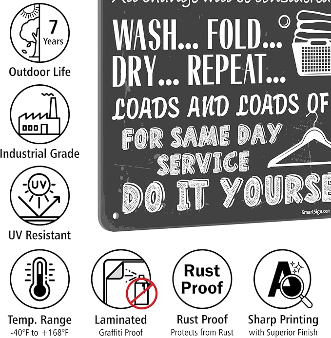 SmartSign Large Laundry Room Rules Sign, “Separate Colors, Check Pockets, Change Considered Tip” Metal Sign, 14 x 10 inch, 40 mil Laminated Rustproof Aluminum, Chalkboard Pattern Background, USA-Made