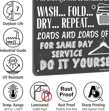 SmartSign Large Laundry Room Rules Sign, “Separate Colors, Check Pockets, Change Considered Tip” Metal Sign, 14 x 10 inch, 40 mil Laminated Rustproof Aluminum, Chalkboard Pattern Background, USA-Made