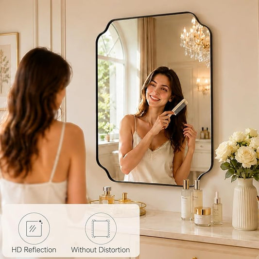 Black Wall Mirror 36"x24", Scalloped Edge Vanity Mirror - Hangs Vertically/Horizontally Decorative Bathroom Mirror for Vanity, Bedroom & Entryway, Aesthetic Bathroom Decor