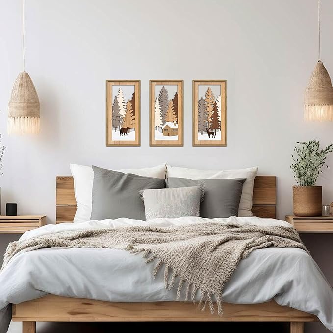 KAIRNE Winter Wooden Wall Art Set, 3pcs 8X16 Vintage Wood Wall Decor,Rustic Farmhouse Framed Wall Sculptures,Pine Deer Bear Wooden Hanging Decor for Living Room Bedroom Kitchen Office Decoration