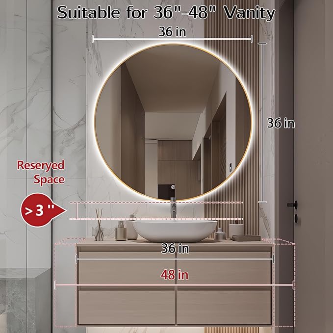 Niccy 36" LED Backlit Round Mirror for Bathroom, Gold Framed Vanity Light Wall Mirror, LED Smart Circle Mirrors with 3 Lighting Colors, Round Lighted Mirror with Anti-Fog, IP65 Waterproof